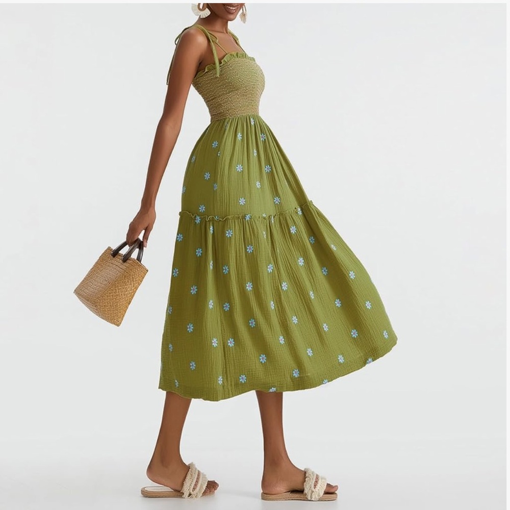 Smocked Tiered Midi Dress in Olive Green - Picture 7 of 10